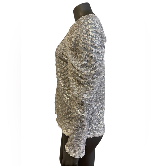 Express Top Women’s M Ivory Sequin Blouse Puff Sleeve Sheer Gold Square Neck - Picture 3 of 11